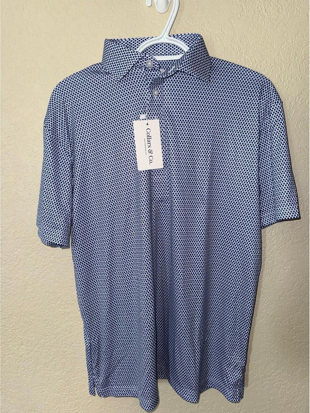 Collars & Co men’s performance polo shirt in a navy blue micro print, size Mediu